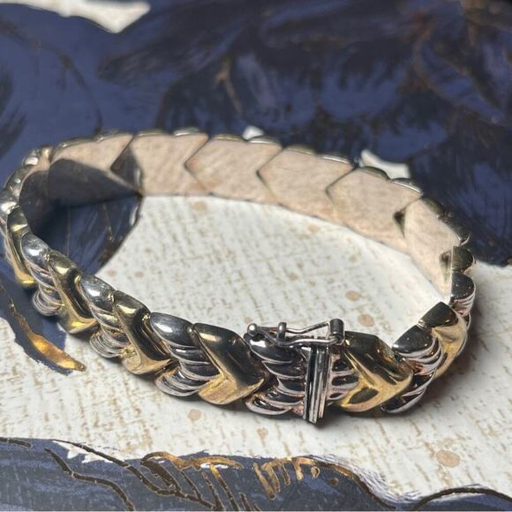 Vintage 925 Sterling Silver Gold Vermeil Chevron Chain Bracelet Milor Italy D2